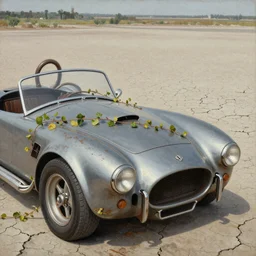 closeup of rusty shelby cobra, vine covered, desert, cracked dry lake bed, by Zdzislaw Beksinski, Norman Rockwell, al duke, highly detailed, soft lighting, film grain, 4k resolution, oil on canvas
