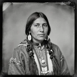 native american woman, old vintage photography, damaged photo, daguerreotype, ambrotype, black and white, archive, film artifacts, scratches, tears, hyperrealistic, ultra detailed
