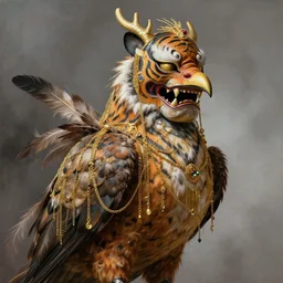 masterful fantastic realist painting an exotic ancient feathered and bejeweled bird wearing an exquisitely painted bugaku mask of a tiger, gold chains strung like tinsel, digital painting trending on artstation, viciously blinded, chinese dragon kite, volumetric lighting and mist, cosplay, 3 / 4 portrait painting, hyperrealistic, octane render