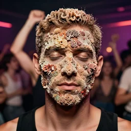 realistic photo of a blurred face of a gay man, covered in shriveling dead coral reef, dancing at a gay night club, emitting aura 1 9 6 0, life magazine photo, natural colors, metropolitan museum, kodak, 8 k, very detailed, high resolution, product photo,