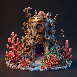 voxel art steampunk coral reef, octane render, high detail, trending on artstation, high quality wallpaper