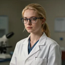 scientist girl, blonde, white lab coat, ponytail, glasses