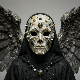 portrait of a death angel, symetrical face, clothes wearing a carved mineral mask with tiny mineral and gold incrustations, by tom purvis, emil melmoth, zdzislaw belsinki, craig mullins, yoji shinkawa
