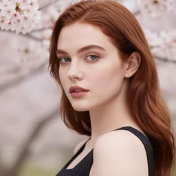 ultra detail, beautiful young woman, professionally retouched, auburn hair, black dress, high fashion, soft and elegant, cherry blossoms, focus on eyes, shallow dof