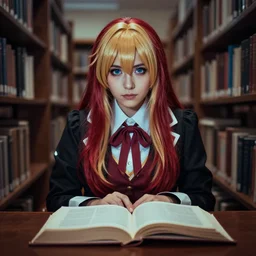 lomography, full body portrait photo of women like reol cosplaying as megumin in a library, open books, moody, realistic, dark, skin tinted a warm tone, light blue filter, hdr, rounded eyes, detailed facial features, red gold black