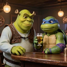 shrek and the ninja turtles hanging out at Cheers bar, style of norman rockwell, 4k, unreal engine, artstation