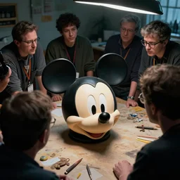 several people in workshop looking at the head of mickey mouse, made by artgerm, greg rutkowski, highly detailed 8 k art, low light cinematic, 2 4 mm lens, | upper view | close distance |