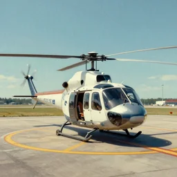 a helicopter sitting on top of an airport tarmac, a matte painting by Simon Stalenhag, trending on cg society, retrofuturism, matte painting, matte drawing, cinematic view