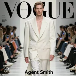 agent smith fashion. catwalk photo. vogue magazine cover with text. highly detailed