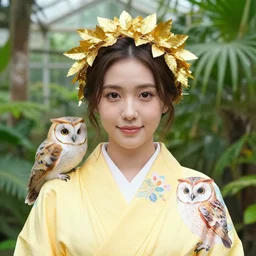 symmetry!. portrait photograph of an extremely beautiful!!!! young female, symmetric face!. round detailed eyes!!, slight smile. shallow focus!!!. natural light. wearing a yellow!!!!!! kimono!! with a very detailed barn owl! on her shoulder in a tropical greenhouse. looking at the camera!!. golden crown!! made of golden leaves on her head. super resolution. extremely detailed face.