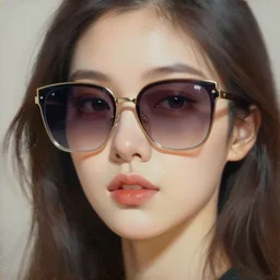 oil painting portrait of a beautiful woman wearing large, big, nerdy sunglasses with clear lenses, 4k