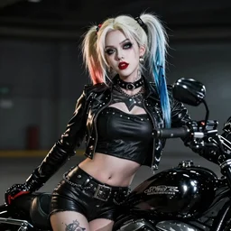 cosplay on black harley queen, high detail of the face, full body, high detail, high modernization, cinematic, dynamic lighting, ultra mega super hyper realistic, ultra mega super hyper beautiful