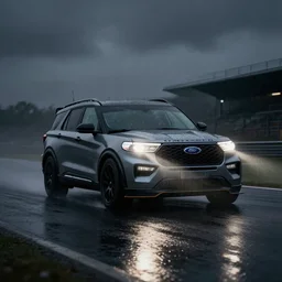 Ford Explorer 2022. Ford Explorer GT Le Mans car racing on dimly lit track overcast skies raining headlights illuminating track, volumetric lighting cinematic vray photo muted colors dark cinematic. front side view uncropped centered. artstation trending dramatic harsh lighting low exposure