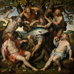 The portrait of half-fish men falling from the tree of knowledge by Hieronymus Bosch and Pieter Bruegel inspired, super detailed oil painting, hyper realistic faces, 4k, masterpiece