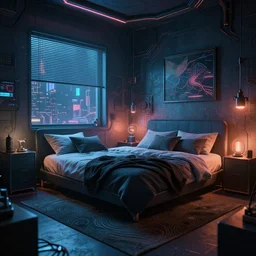 cyberpunk bedroom at night, intricate detail, cinematic, artstation
