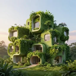 beautiful concept rendering of futuristic lush green houses without characters, in style of tadao ando and brutalist and bauhaus, intricate and smooth colors, front view, colorful octane render, beautiful dawn light, cinematic composition