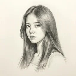 pencil sketch of a brunette with long hair.