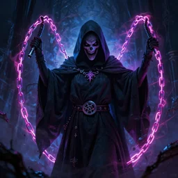 portrait of cloaked creature wielding neon chains whips, visible aura of madness distorting the surroundings, occult details, greg rutkowski style, high quality, 8 k,