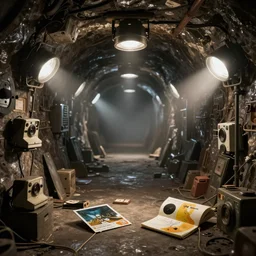 inside a massive mine, flood lights, megalophobia, old polaroid, expired film,
