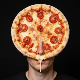 portrait of man with a rare medical condition making the head round like a pizza, head looks exactly like a pizza, doughy skin, chin looks like melted cheese dripping, blemishes look like tomatoes, soft lighting, sharp focus, highly symmetrical, black background, masterpiece by morten krogvold