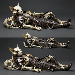 three - ply portrait death cat dark souls in armor made of polished dragon bones looks relaxed, quantum physics, victorian era