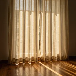 brocade fabric curtains blocking the morning light, polished wood floor, rays of light, golden hour, dust, photorealism, by vilhelm hammershøi