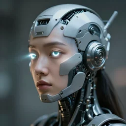 photo of soulful female as a solarpunk mecha humanoid robotic head and face parts with straight fluorescent lamps over face, real human face with skin, ultra - realistic and detailed, long exposure, soft focus hdr 8 k