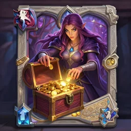 Full body Hearthstone official professional art, with realistic beautiful hands & body & face & eyes. Important:A sorceress opening a chest full of gold.