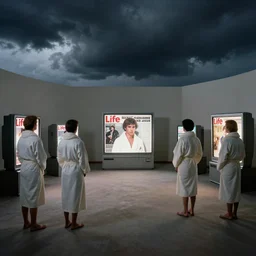 realistic photo of the dark black clouds in an empty room. people in white robes are watching. displays are shiny 1 9 9 0, life magazine reportage photo