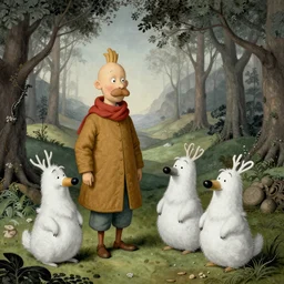 Tintin and Snowy in the style of Hieronymus Bosch, highly detailed, Professor Calculus
