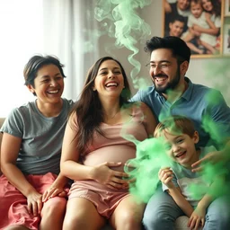toxic green smoke coming out of my belly, during a family photo, laughing