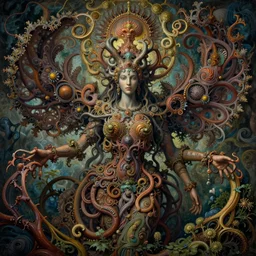 divine chaos engine by roger dean and andrew ferez, symbolist, visionary, detailed, realistic, surreality, art forms of nature by ernst haeckel, deep rich moody colors, organic fractal structures