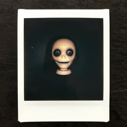an eerie polaroid photograph of a scary evil horrifying ventriloquist dummy in the backrooms staring at you, nighttime, dimly lit, creepy hd 4k