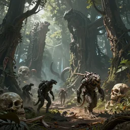 sci - fi monster hunters, walking in a flesh and bones forest, hyperdetailed, art by peter gric
