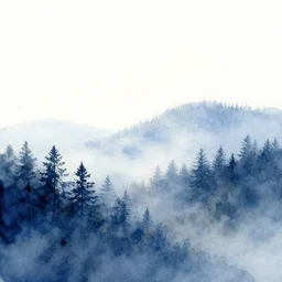 modern highly detailed watercolor painting sunny white sky and blueish landscape misty forest trending on artstation