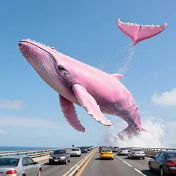 a giant pink whale falling out of a blue sky onto cars on a busy bridge