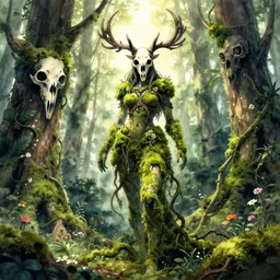 moss female form forest spirit standing in the woods, skull, branch antlers, moss, vines and flowers, totem, light rays, high detail, cinematic lighting, anime, manga, watercolor, by greg rutkowski,