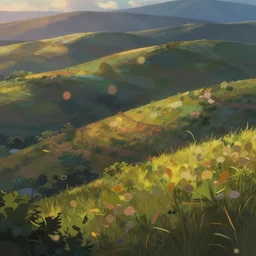 windy hillsides. award - winning 3 d anime by an indie studio, heavily stylized, rimlighting, depth of field, limited but vibrant palette, impressionism, chiaroscuro, bokeh.
