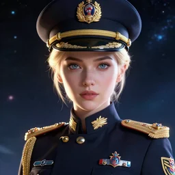 beautiful portrait of a female officer wearing a fancy naval uniform, art by wlop and artgerm, science fiction, detailed eyes, blonde hair, space background, artstation, sharp focus, illustration, caustics, octane render, 4 k, radiant light