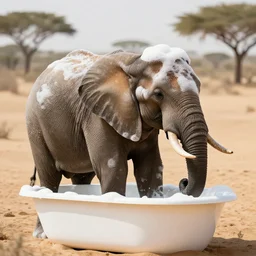 elephant covered in foam in a bathtub, desert, playful, full format shot, national geographic, professional nature photography
