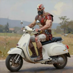 beautiful 8 k photorealistic masterpiece oil painting, kratos on a moped, hyperrealism, 1 6 k, trending on artstation