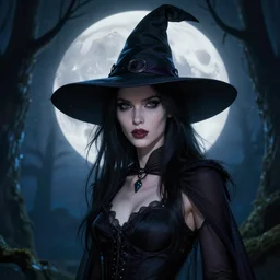 close - up portrait of a beautiful skinny woman as witch in front of the full big moon in a fantasy forest,, by james gurney, brad kunkle, charlie bowater, highly detailed digital art, artstation
