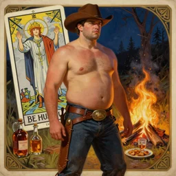 a dramatic, epic, ethereal painting of a handsome thicc shirtless cowboy with a beer belly and chaps | background is a late night campfire with food and jugs of whisky | homoerotic | tarot!! card, art deco, art nouveau | by Mark Maggiori | trending on artstation