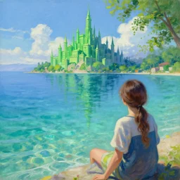 a beautiful painting looking across a crystal clear sea at the emerald city from wizard of oz, by greg rutkowski and kalin popov, trending on artstation, masterpiece,