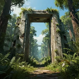 overgrown derelict portal in a middle of a futuristic forest, world seen only through a portal, daylight, cinematic lighting, blue sky, syd mead, john harris