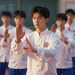 high school uniform tai chi master handsome features young man, attractive face, good looking, high details, colorful palette, masterpiece, james jean, ilya kuvshinov, loish, shintaro kago, ruan jia, volumetric shading ilumination, ambient light