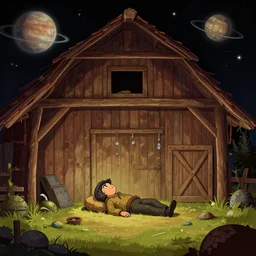 inside a farm barn, laying on floor and looking up at the roof, on a remote planet, from a space themed point and click 2 d graphic adventure game, detailed, set design inspired slightly by hg giger, art inspired by thomas kinkade
