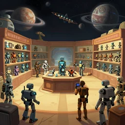 inside a store that sells robots, in a remote outpost, on a remote planet, from a point and click 2 d graphic adventure game, set design inspired slightly by tomb raider, art inspired by [ [ thomas kinkade ] ] and [ mark keathley ]