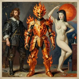 grotesque armor suit with engraved flames, monumental painting by gerrit van honthorst and hajime sorayama and david hockney, illusion surreal art, highly conceptual figurative art, intricate detailed oil illustration, controversial poster art, polish poster art 1 9 8 0