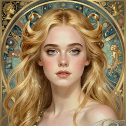 Elle Fanning as God of Beauty, cute, fantasy, intricate, elegant, highly detailed, digital painting, 4k, HDR, concept art, smooth, sharp focus, illustration, art by alphonse mucha,artgerm, H R Giger